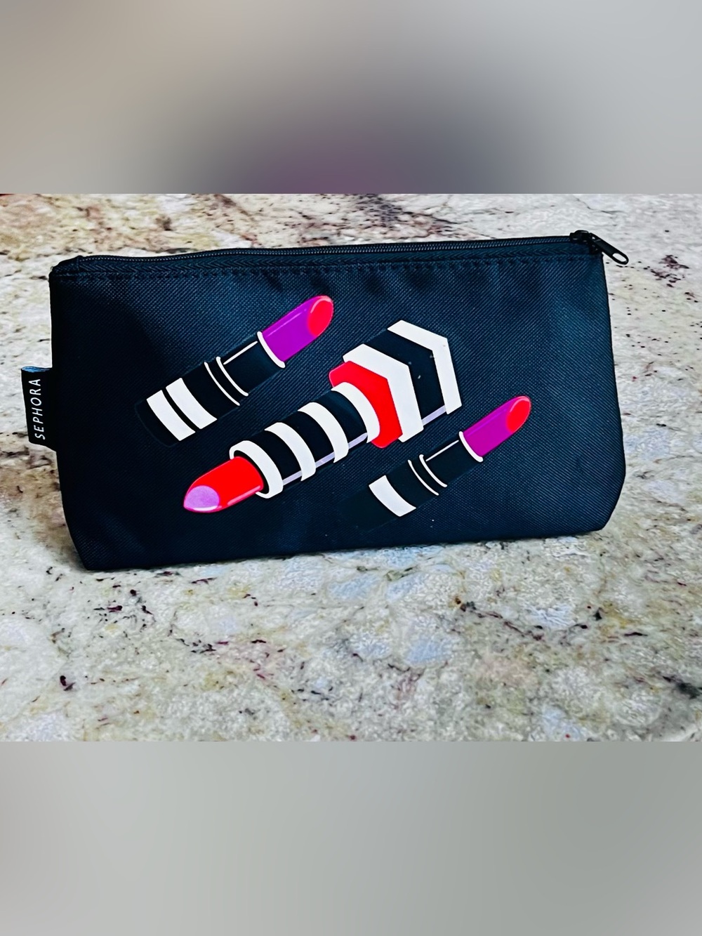 Sephora Black Cosmetic Pouch with Pink and Red Lipstick Motif